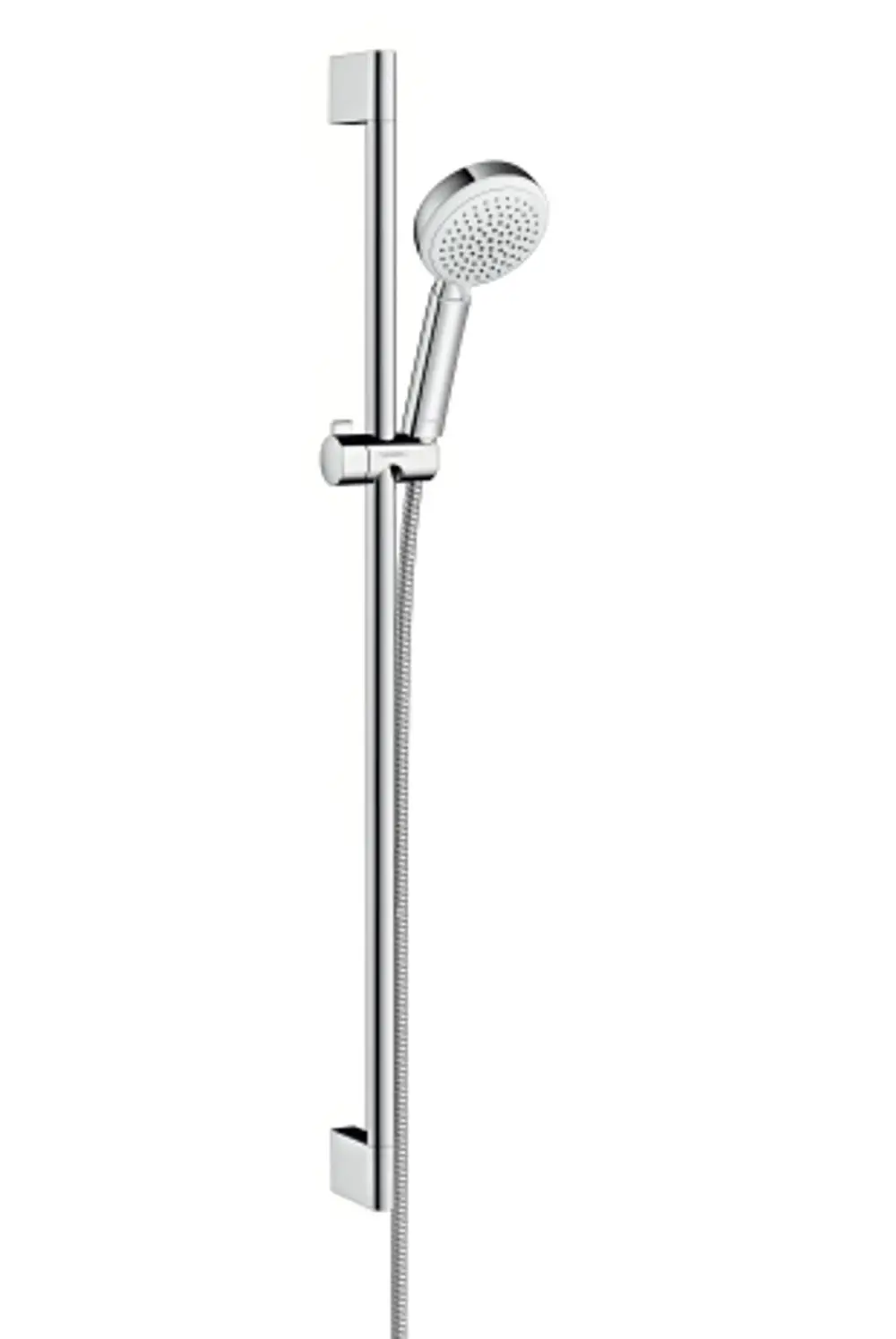 Weißes Brauseset mit verstellbarer Brausestange und Handbrause. Anwendungsfreundliches Design von Hansgrohe, geeignet für die Montage in Duschen.